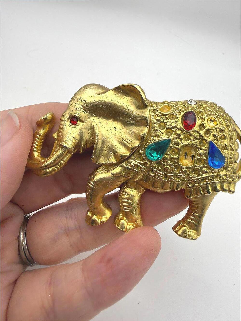Vintage Gold Tone Elephant Brooch with Multicolor Rhinestones